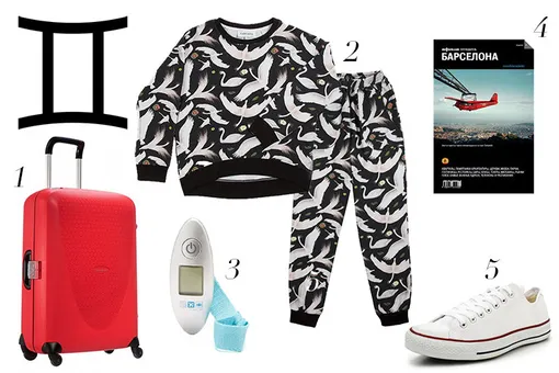 1. Чемодан Samsonite, 17 500 рублей 2. Багажные весы Flight 001, $18 (ru.shopbop) 3. Путеводитель Афиши Барселона, 720 рублей 4. Костюм Varvara, 10 900 рублей 5. Кеды Converse, 4 800 рублей