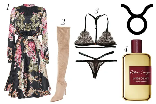 1. Платье Yanina, 78 300 рублей; 2. Ботфорты KENDALL + KYLIE, $225; 3. Комплект белья MANDARINI Mango, 3200 рублей; 4. Парфюмерная вода Atelier Cologne Santal Carmin, 17 100 рублей